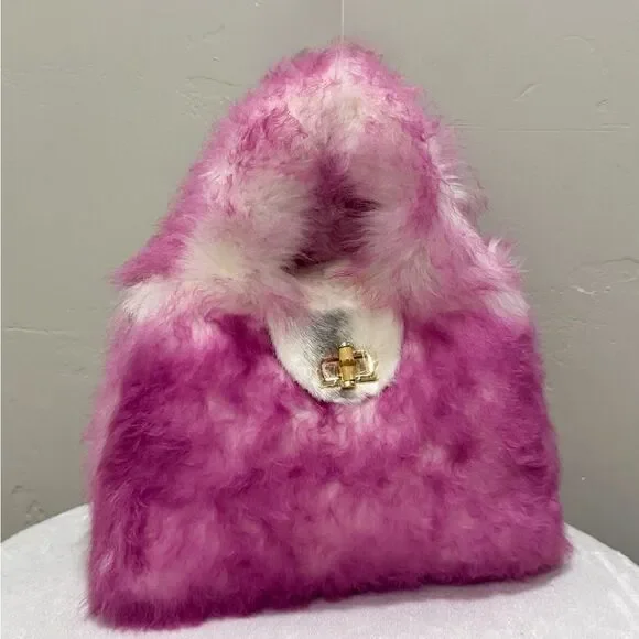 2 Tone Real Lamb Fur Handmade Top Handle, Fold Over Flap Handbag, Crossbody bag - Picture 3 of 16